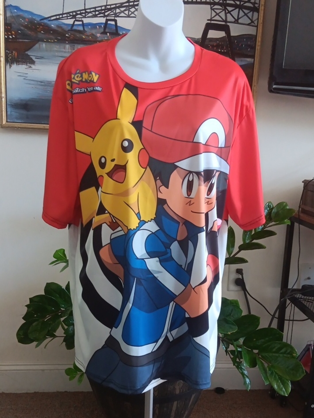 Pokemon Ash Ketchum and  Pikachu Tee Stretchy P2P 25" L 31" 3XL 4XL P2P 26" L32"